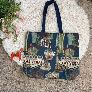Vintage Style Las Vegas Casino Tapestry Colorful Lined Zip Closure Tote Bag